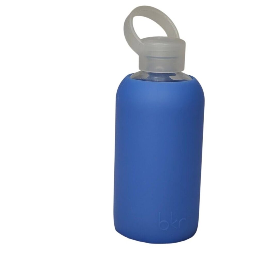Bkr Blue Silicone and Glass Water Bottle With Loop Cap 16 Oz